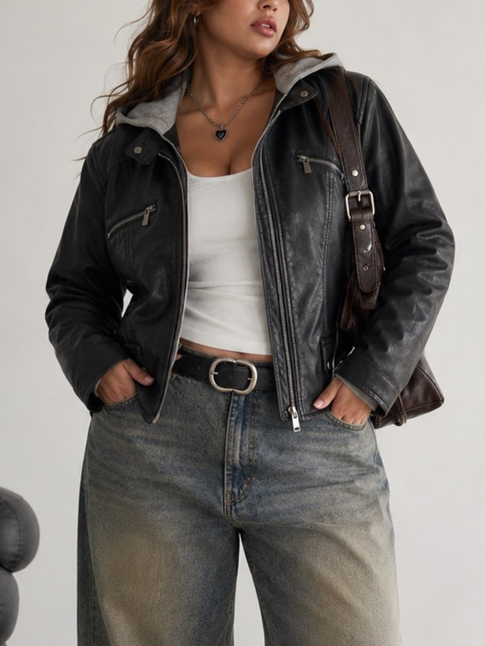Aliva Ford Black Faux Leather Jacket with Gray Hood Women's Size 2X